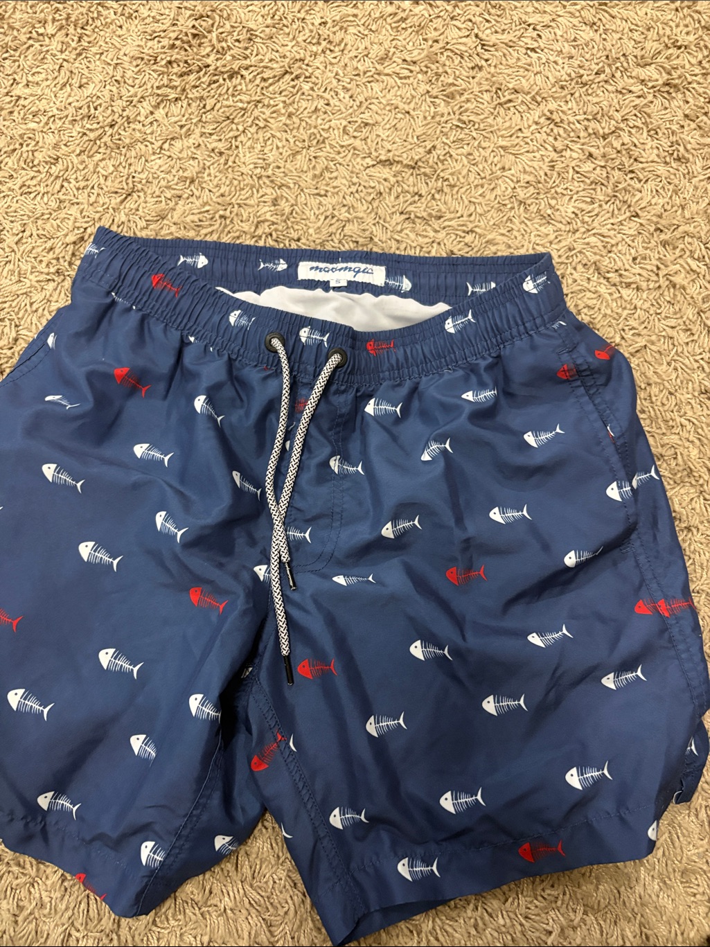 Men's Navy Swim Trunks With Red & White Fish Print